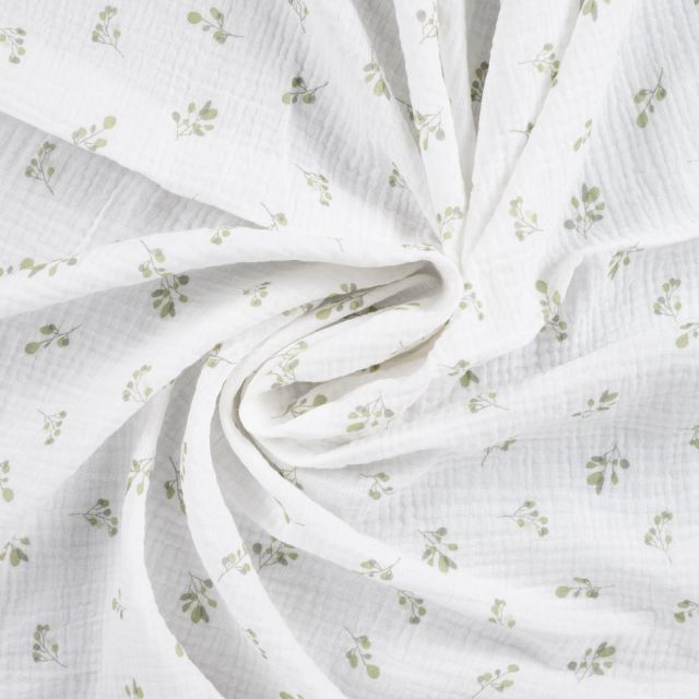 Tissu Double gaze de Coton Eucalyptus sur fond Blanc cassé