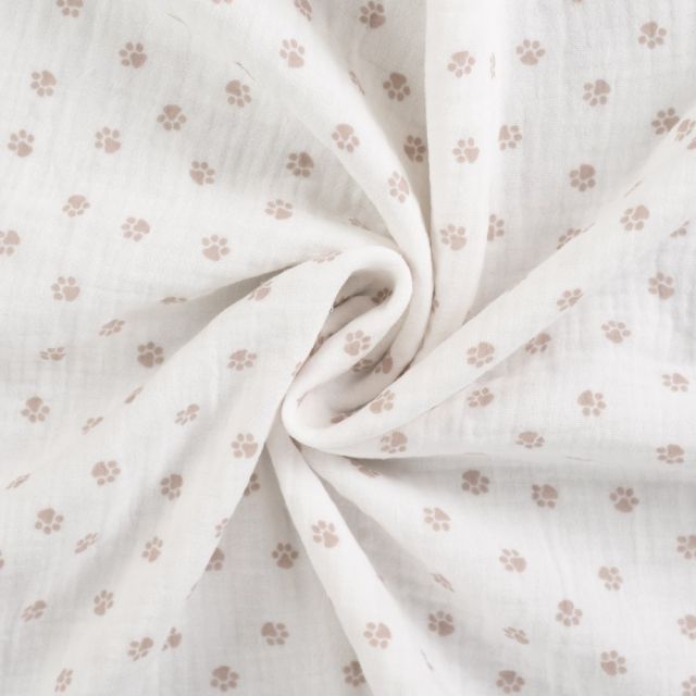 Tissu Double gaze de Coton Pattes de chien sur fond Blanc cassé