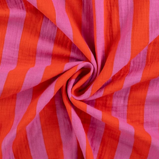 Tissu Double gaze de Coton Rayé Orange sur fond Rose fuchsia - Par 10 cm