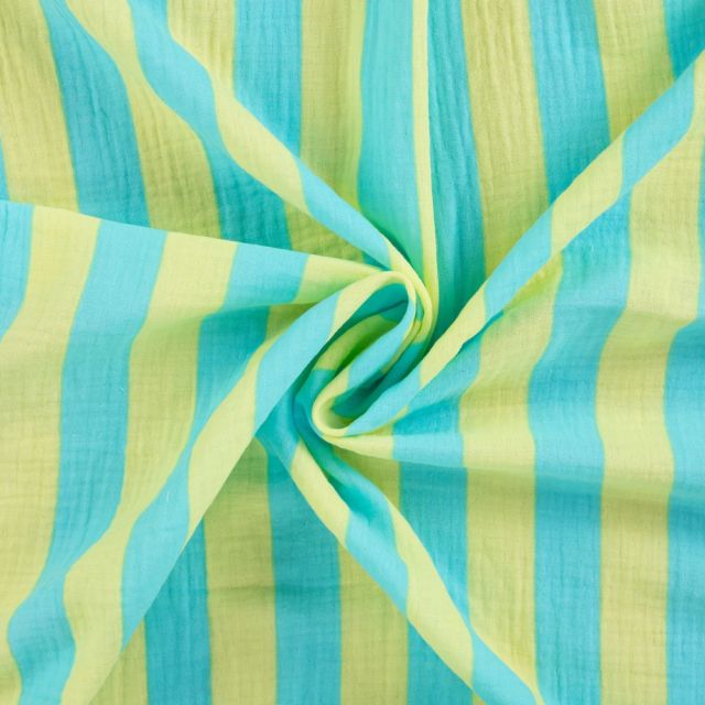 Tissu Double gaze de Coton Rayé Bleu turquoise sur fond Vert anis