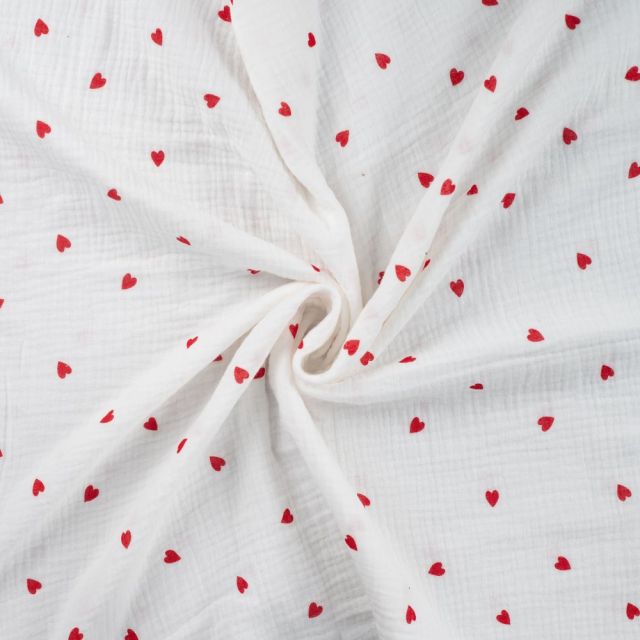Tissu Double gaze de Coton Petits coeurs rouges sur fond Blanc
