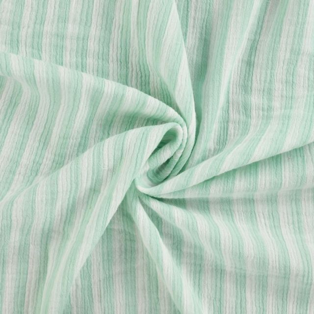 Tissu Double gaze de Coton Double face Rayures Vert d'eau sur fond Blanc