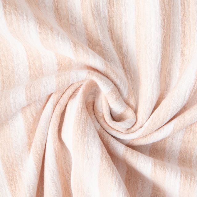 Tissu Double gaze de Coton Double face Rayures Beige sur fond Blanc