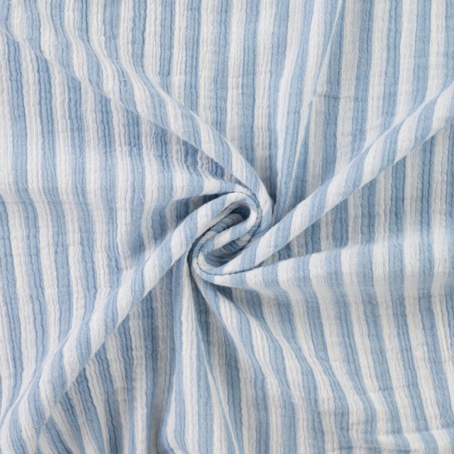 Coupon Tissu Double gaze de Coton Double face Rayures Bleues sur fond Blanc - Coupon de 40 cm