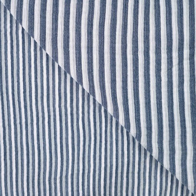 Tissu Double gaze de Coton Double face Rayures Bleu marine sur fond Blanc