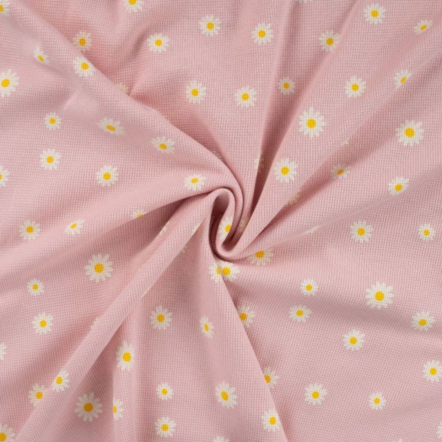 Coupon Tissu Jersey Nid d'abeille imprimé Marguerites sur fond Rose bébé - Coupon de 50 cm