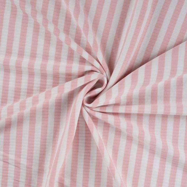 Tissu Jersey Coton Côtelé rayé Rose