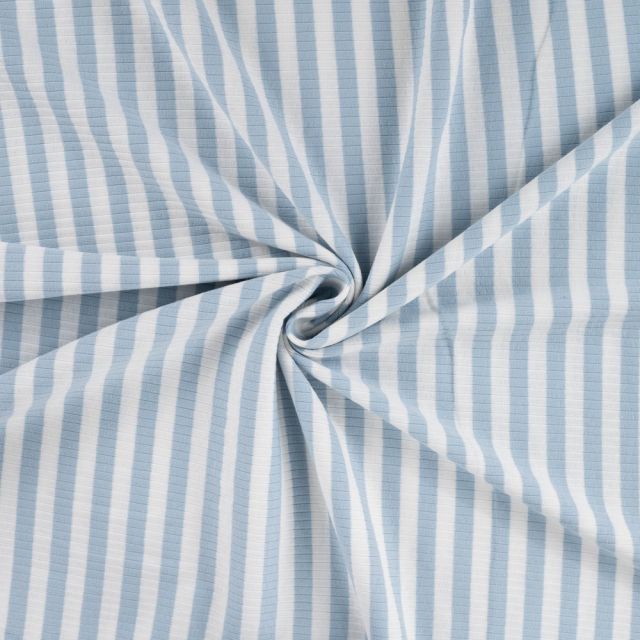 Tissu Jersey Coton Côtelé rayé Bleu ciel