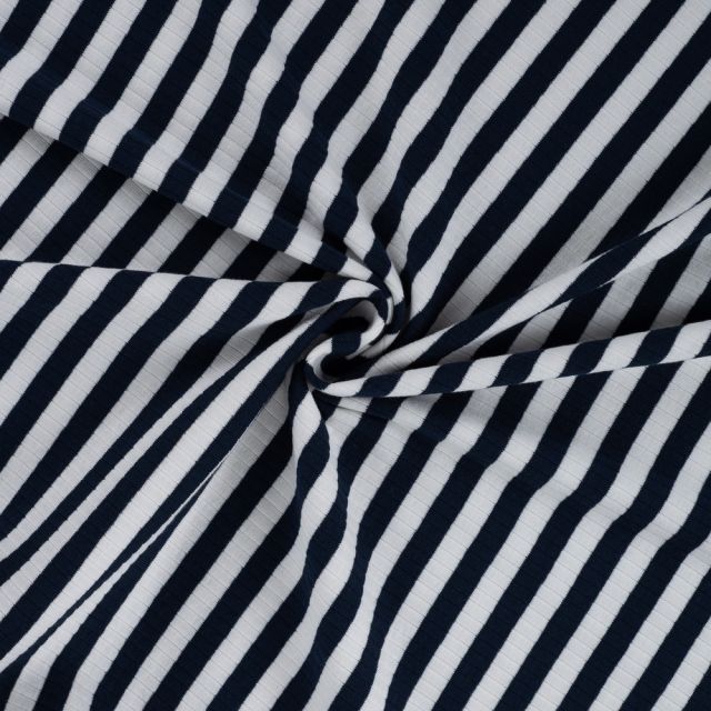 Tissu Jersey Coton Côtelé rayé Bleu marine