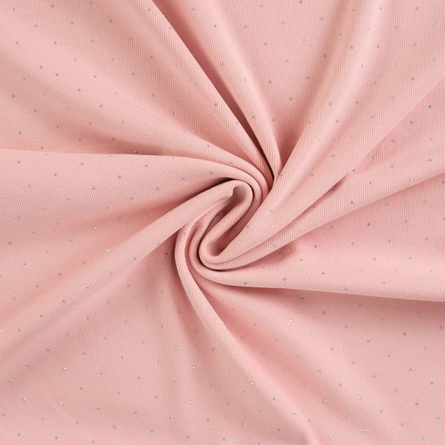 Tissu Jersey Coton Bord côte Strass sur fond Rose clair