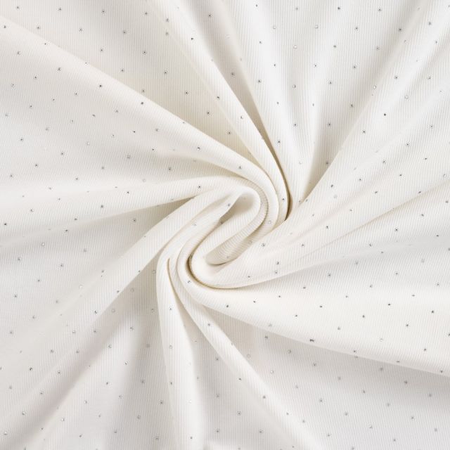 Tissu Jersey Coton Bord côte Strass sur fond Blanc cassé