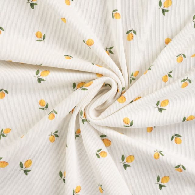 Tissu Jersey Coton Bord côte Citons jaunes sur fond Blanc cassé
