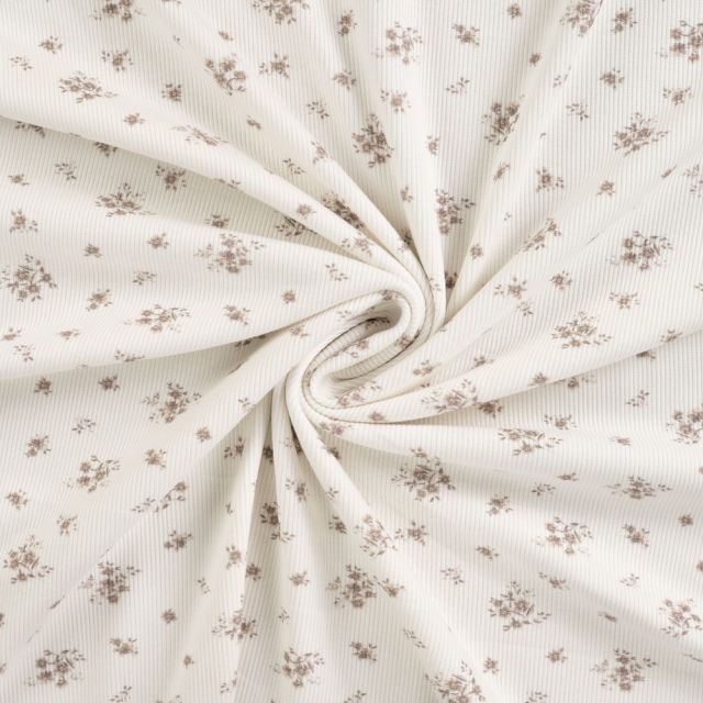 Tissu Jersey Coton Bord côte Fleuris sur fond Blanc cassé