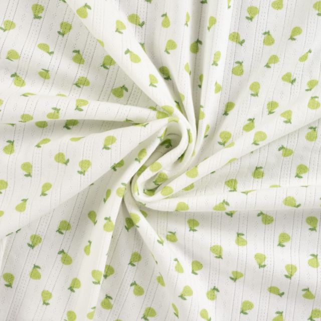 Tissu Jersey Coton ajouré Poires sur fond Blanc