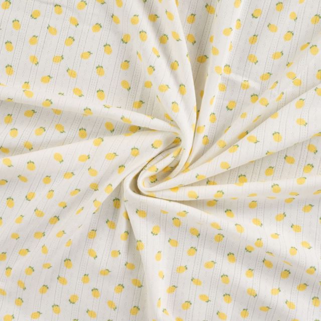 Tissu Jersey Coton ajouré Citrons sur fond Blanc
