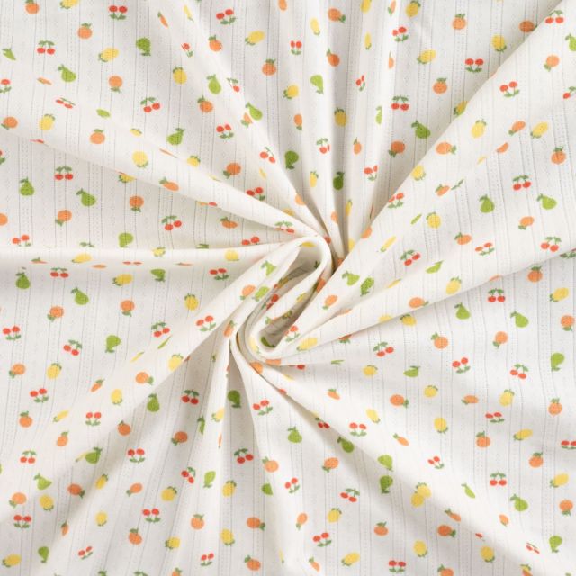 Tissu Jersey Coton ajouré Fruits sur fond Blanc
