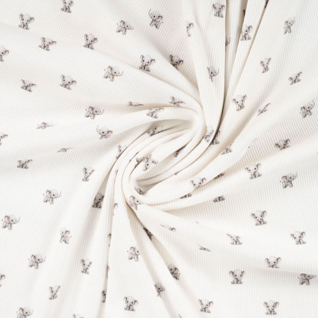 Tissu Jersey Coton côtelé Petits éléphants sur fond Blanc cassé