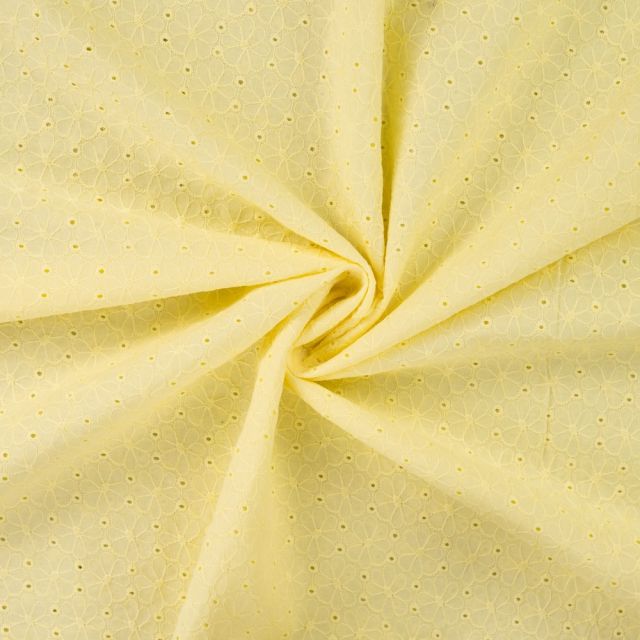 Tissu Coton brodé ajouré Fleuris sur fond Jaune