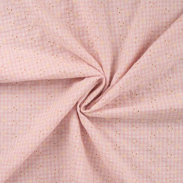 Tissu Seersucker brodé Carreaux Vichy Rose