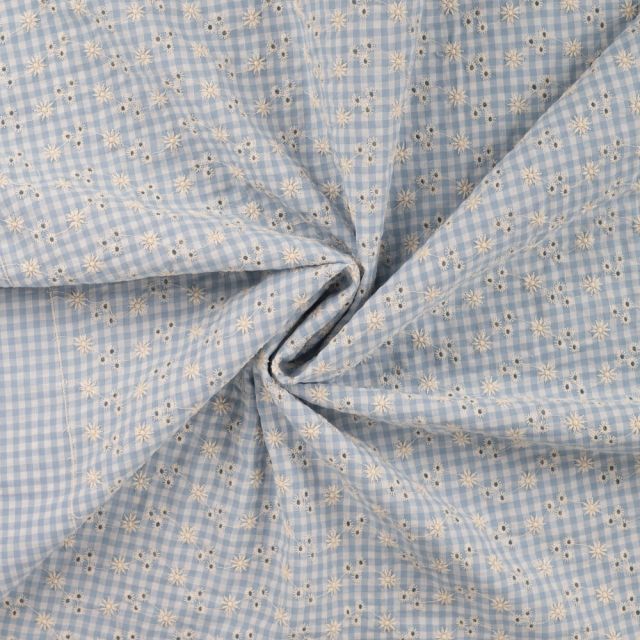 Tissu Seersucker brodé Carreaux Vichy Bleu