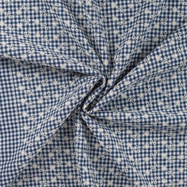 Tissu Coton Seersucker brodé Vichy sur fond Bleu marine
