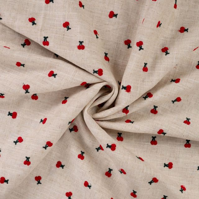 Tissu Lin Viscose Cerises brodées sur fond Beige chiné