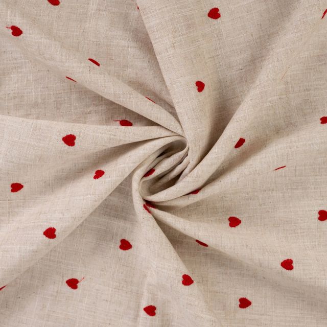 Tissu Lin Viscose Lina Petits coeurs rouges sur fond Beige chiné