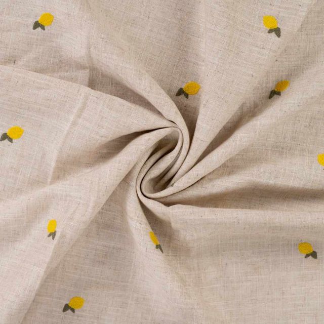 Tissu Lin Viscose Citrons brodés sur fond Beige chiné