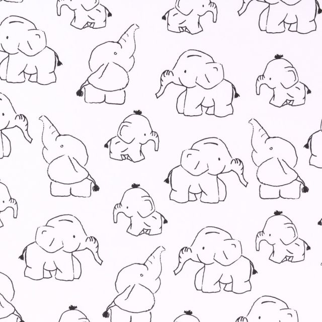 Tissu Coton Imprimé Eléphanteaux noirs et blancs sur fond Blanc - Par 10 cm