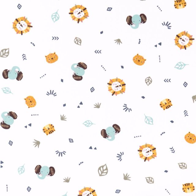 Tissu Popeline Imprimée LittleBird Eléphants et Lions Moutarde et verts sur fond Blanc - Par 10 cm