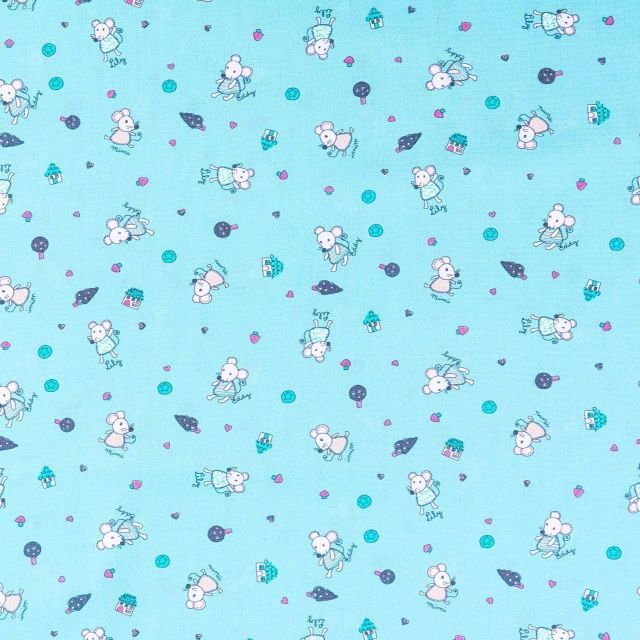 Tissu Popeline imprimée LittleBird Petites souris Blanches, roses, turquoise et grises sur fond Bleu - Par 10 cm