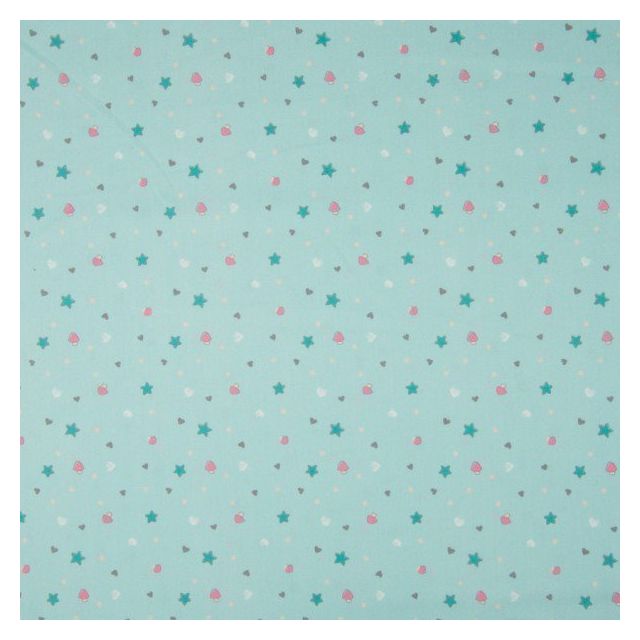 Tissu Coton imprimé LittleBird Etoiles et coeurs Multicolores sur fond Vert menthe - Par 10 cm