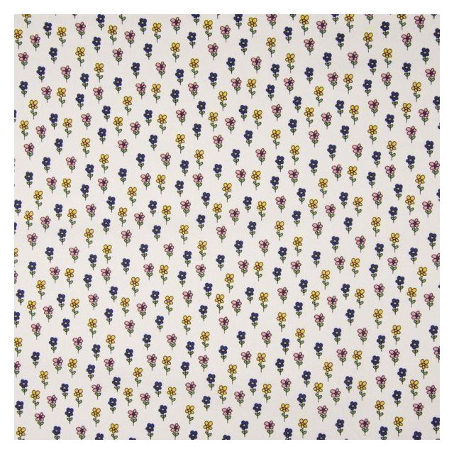 Tissu Coton imprimé LittleBird Fleurs Bleues, jaunes et roses sur fond Blanc - Par 10 cm