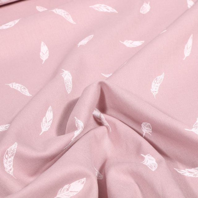 Coupon Tissu Coton imprimé Petites plumes sur fond Rose pâle - Coupon de 60 cm