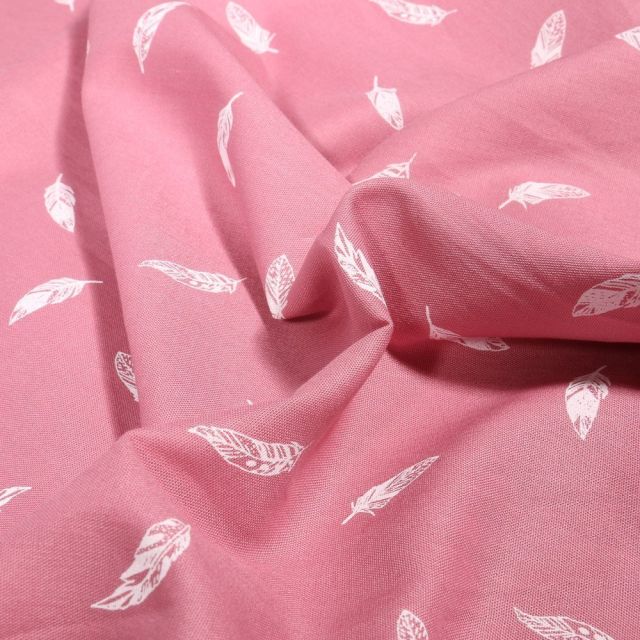 Tissu Coton imprimé Petites plumes sur fond Rose - Par 10 cm