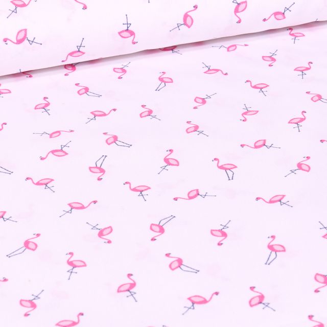 Tissu Coton imprimé Petits flamants rose sur fond Blanc
