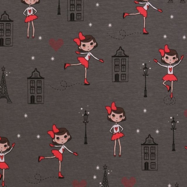 Tissu Jersey Coton Poupées sur fond Gris foncé - Par 10 cm