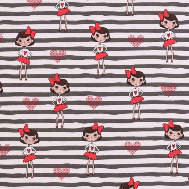Tissu Jersey Coton Rayures grises avec Poupées sur fond Blanc - Par 10 cm