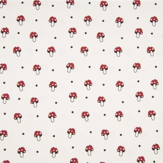 Tissu Jersey Coton Champignons Rouges et noirs sur fond Ecru - Par 10 cm