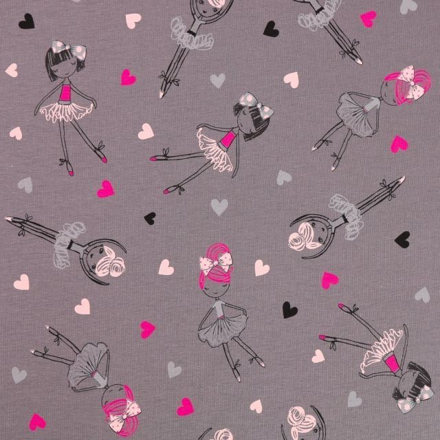 Tissu Jersey Coton Danseuses Roses et fuchsia sur fond Gris - Par 10 cm