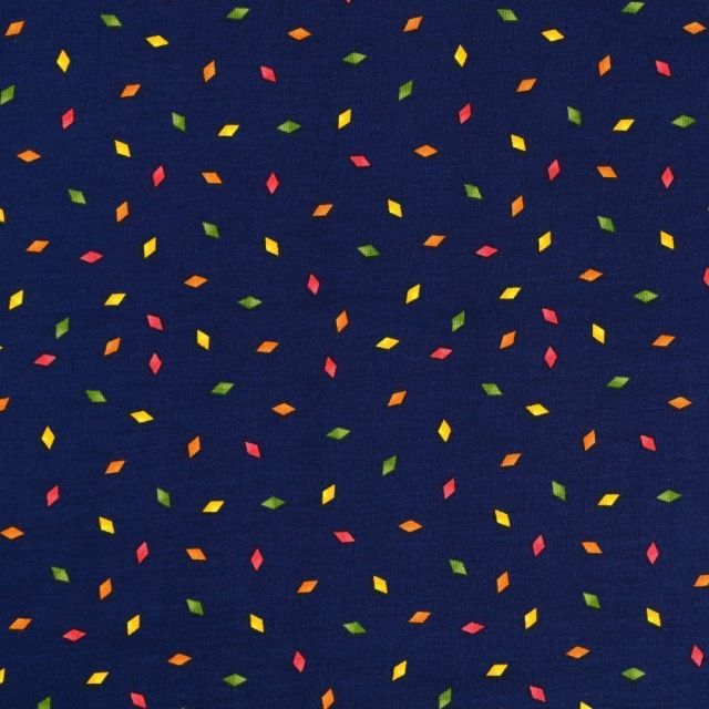 Tissu Jersey Coton Losanges Multicolore sur fond Bleu marine - Par 10 cm