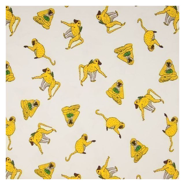 Tissu Jersey Coton Singes jaunes et oiseaux sur fond Blanc - Par 10 cm
