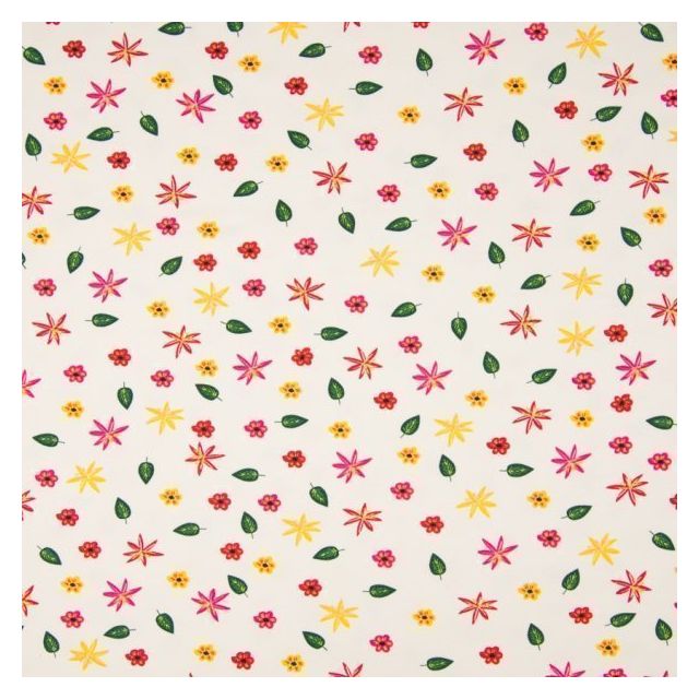 Tissu Jersey Coton Feuilles et fleurs jaunes vertes et rouges sur fond Blanc - Par 10 cm