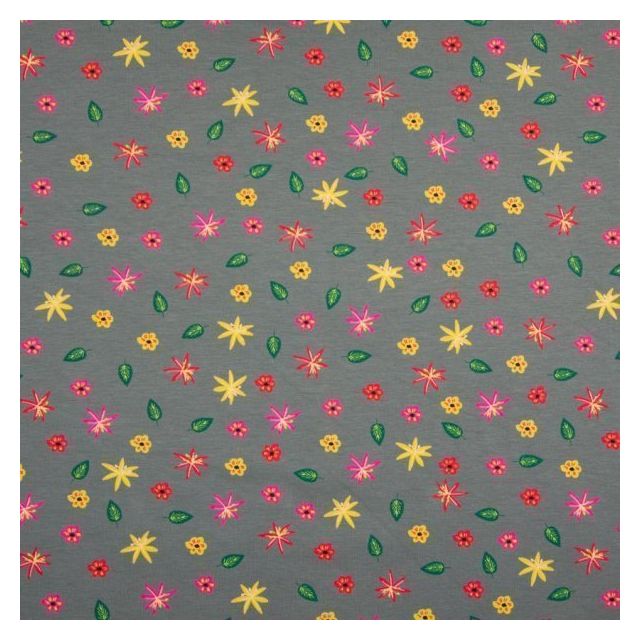 Tissu Jersey Coton Feuilles  et fleurs jaunes rose et vertes sur fond Gris foncé - Par 10 cm