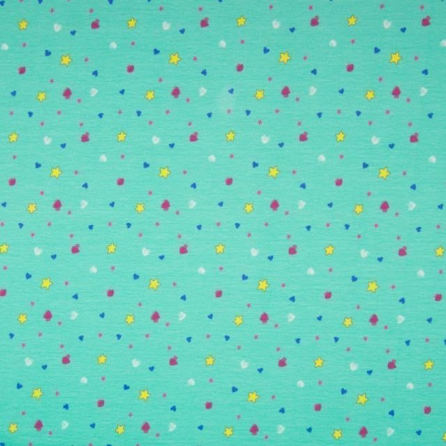 Tissu Jersey Coton Etoiles multicolores sur fond Menthe - Par 10 cm