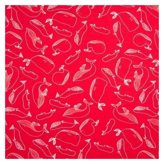 Coupon Tissu Jersey Coton imprimé Baleines blanches sur fond Rouge - Coupon de 20 cm