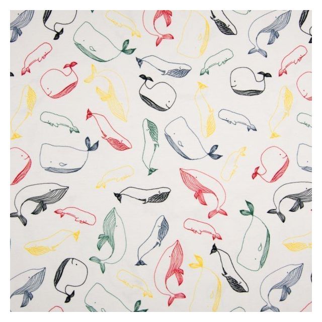 Tissu Jersey Coton Baleines Multicolores sur fond Blanc - Par 10 cm