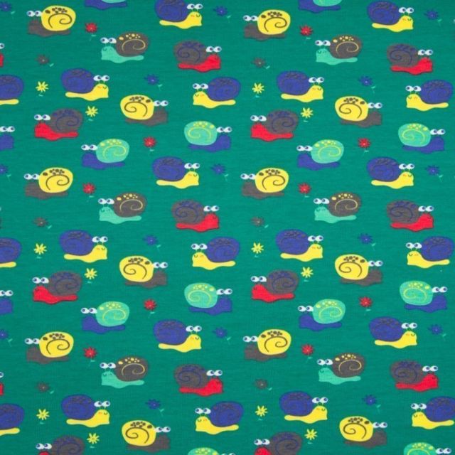 Tissu Jersey Coton Escargots sur fond Vert - Par 10 cm