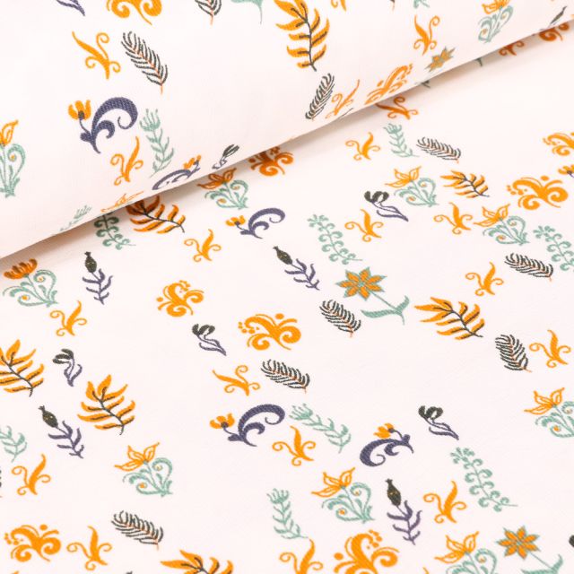 Tissu Jersey Coton Petites fleurs et feuilles sur fond Blanc cassé