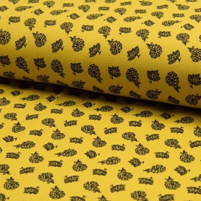 Coupon Tissu Jersey Piqué de coton spécial Polo Kashmir Noir sur fond Jaune - Coupon de 110 cm